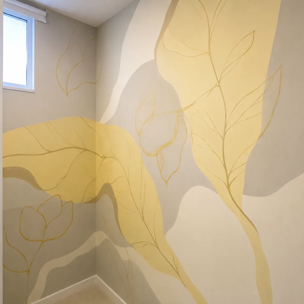 Detalhe de pintura abstrata com folhagem em line art dourada sobre fundo cinza e amarelo, Uma Brisa Criativa