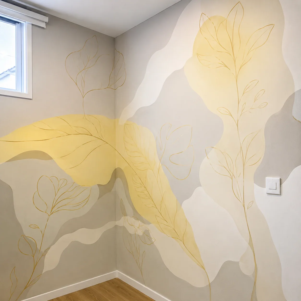 Pintura abstrata em tons pastéis com botânica delicada em line art dourada para quarto adulto, Uma Brisa Criativa