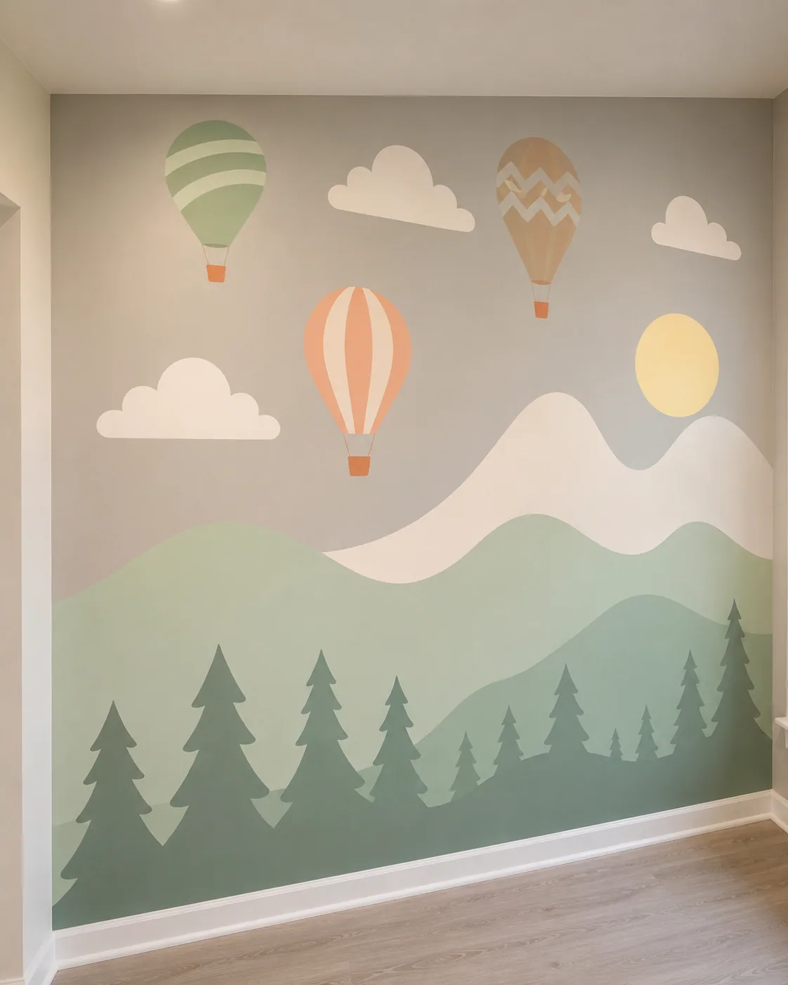 Pintura infantil de paisagem com montanhas, pinheiros e balões coloridos para quarto de bebê, Uma Brisa Criativa