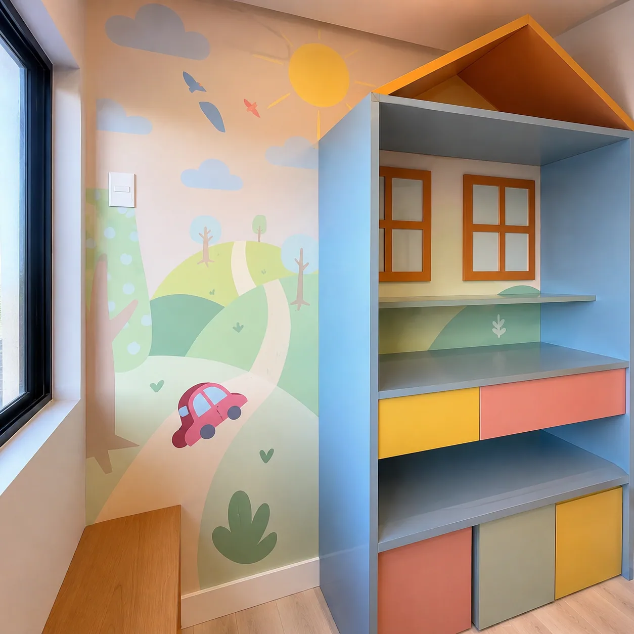 Pintura infantil de paisagem com colinas, casinhas e fusquinha vermelho em flat design, arte por Uma Brisa Criativa