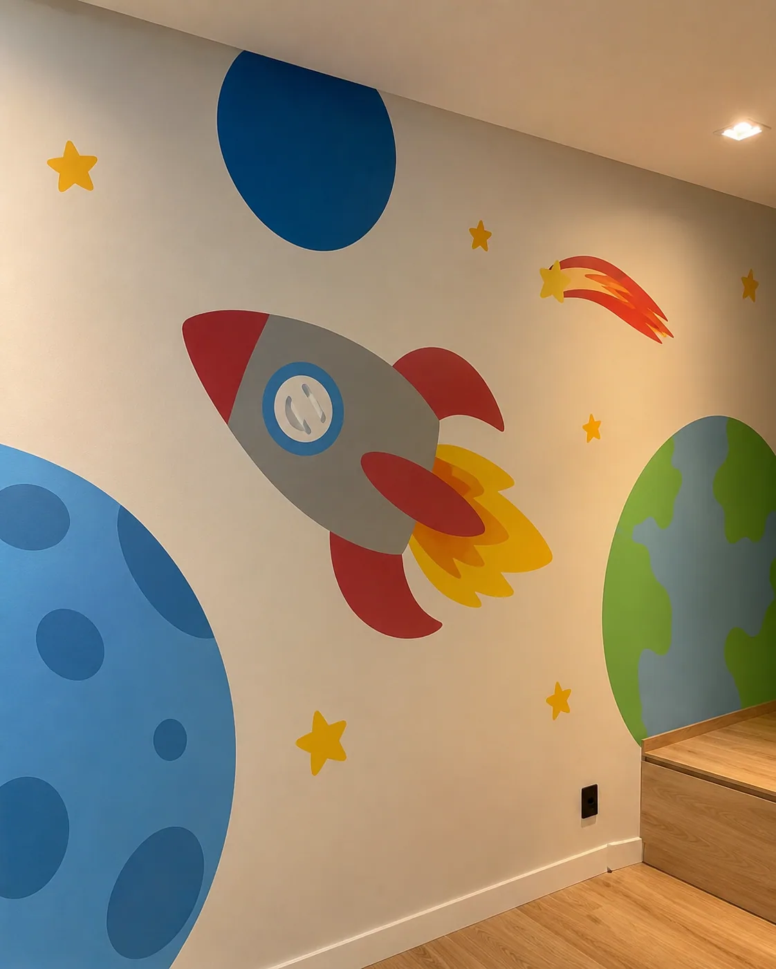 Pintura espacial infantil com foguete vermelho e planetas coloridos em flat design, arte por Uma Brisa Criativa