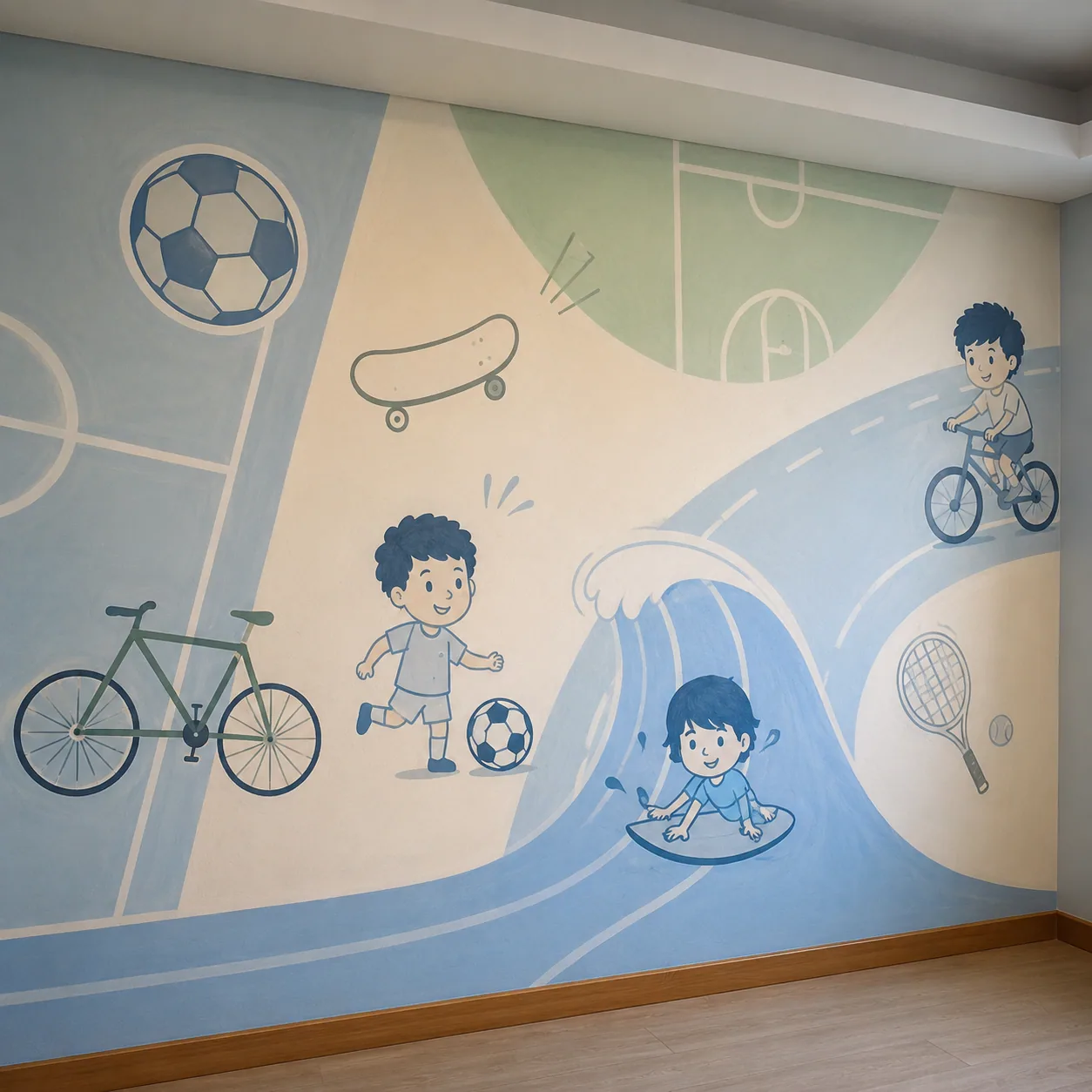 Pintura infantil com meninos praticando esportes em cartoon flat sobre fundo off white, arte por Uma Brisa Criativa