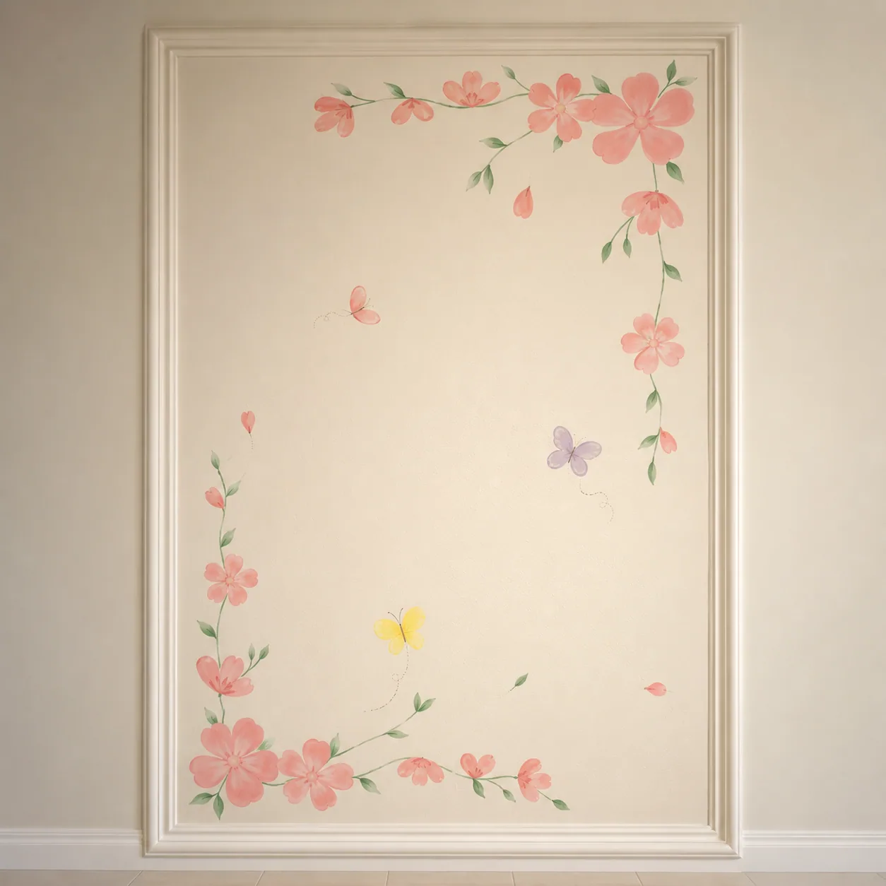 Pintura botânica clássica com flores delicadas e borboletas sobre boiserie de quarto adulto, arte por Uma Brisa Criativa