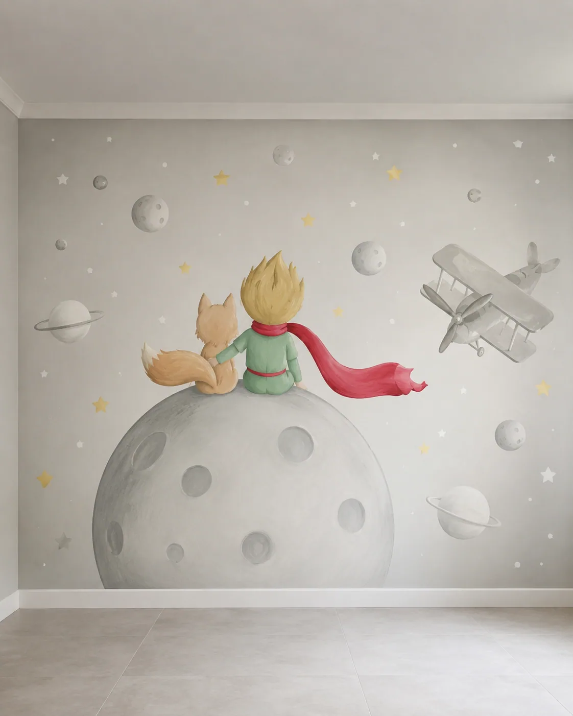Pintura do Pequeno Príncipe e a Raposa em estilo aquarela com planetas e estrelas, arte por Uma Brisa Criativa