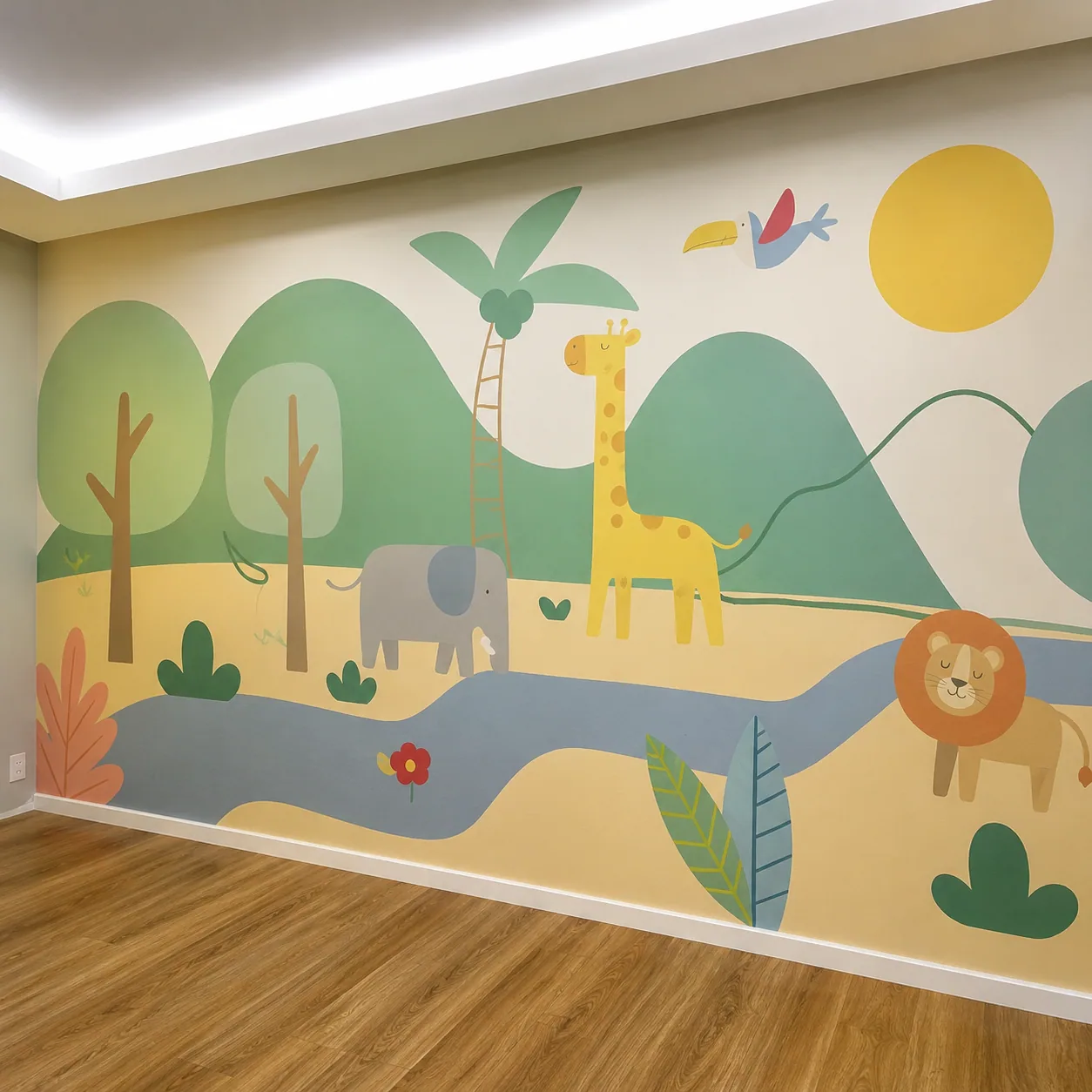 Pintura infantil de safari com animais fofinhos em flat design colorido, arte em parede por Uma Brisa Criativa