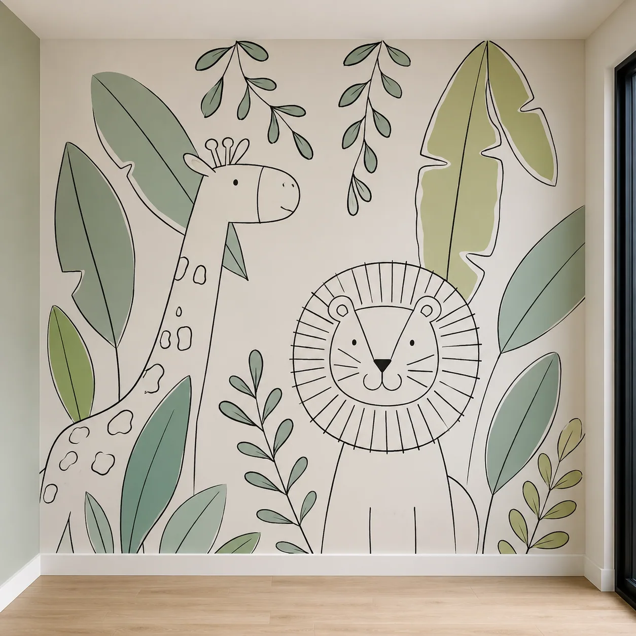 Pintura de safari minimalista com animais em line art preta e folhas verdes, arte em parede por Uma Brisa Criativa