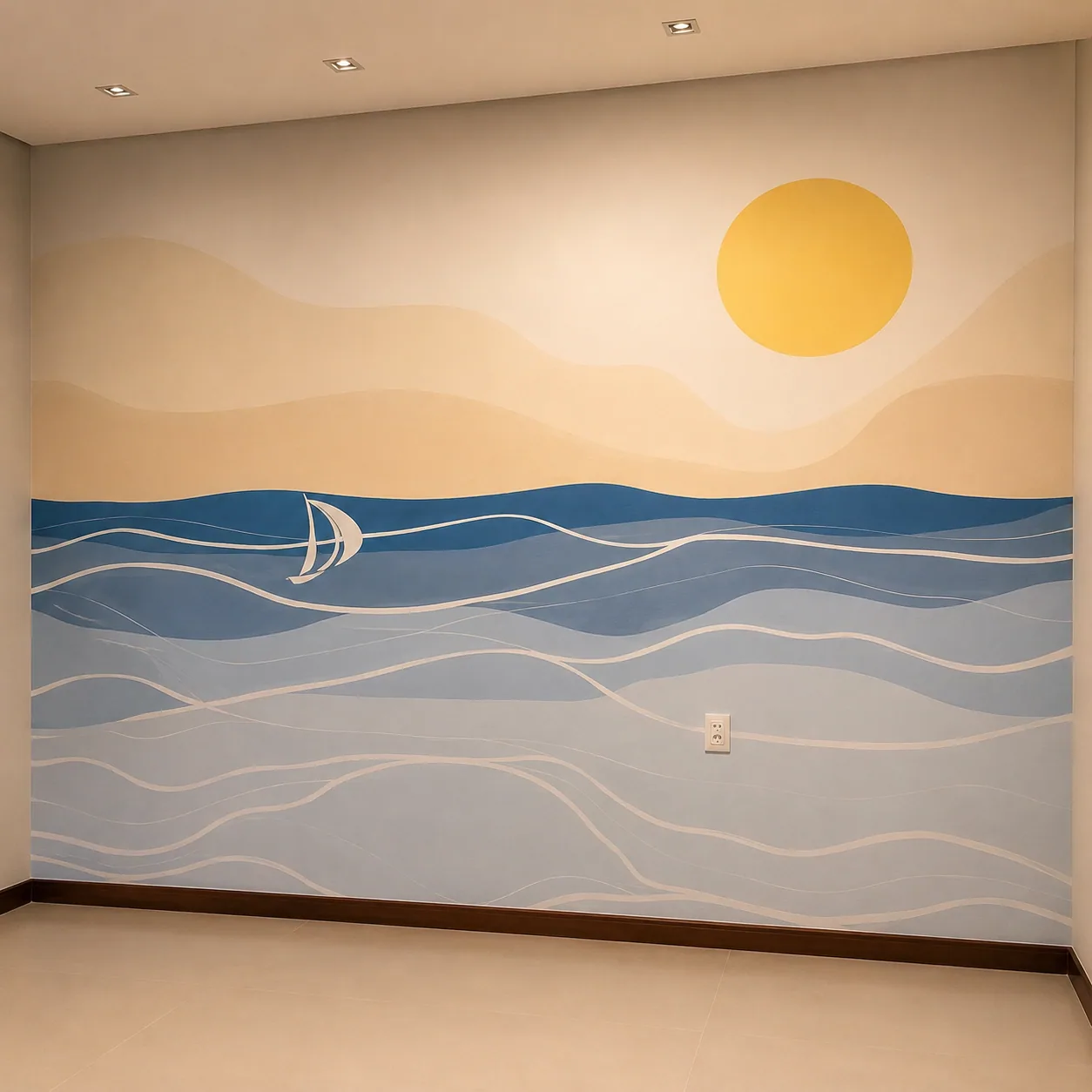 Detalhe de pintura de veleiro com ondas em camadas de azul e pêssego para quarto de bebê, arte por Uma Brisa Criativa