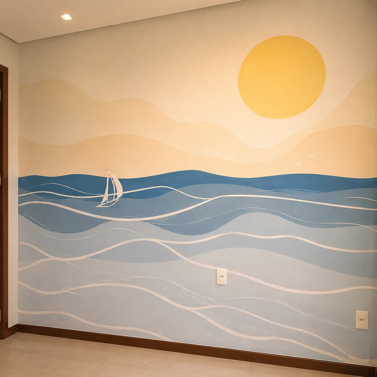 Pintura de veleiro ao pôr do sol com ondas em camadas azuis e pêssego para quarto de bebê, arte por Uma Brisa Criativa