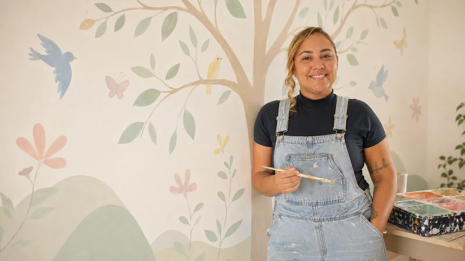 Brisa, artista da Uma Brisa Criativa, em frente a um mural de árvore com passarinhos e flores