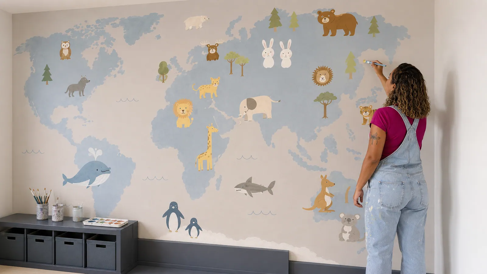 Detalhe da pintura de mapa-múndi com animais