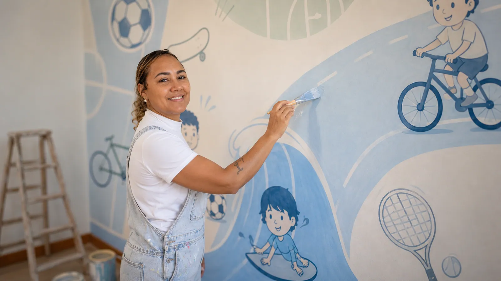 Detalhe da pintura de mural esportes em quarto de menino