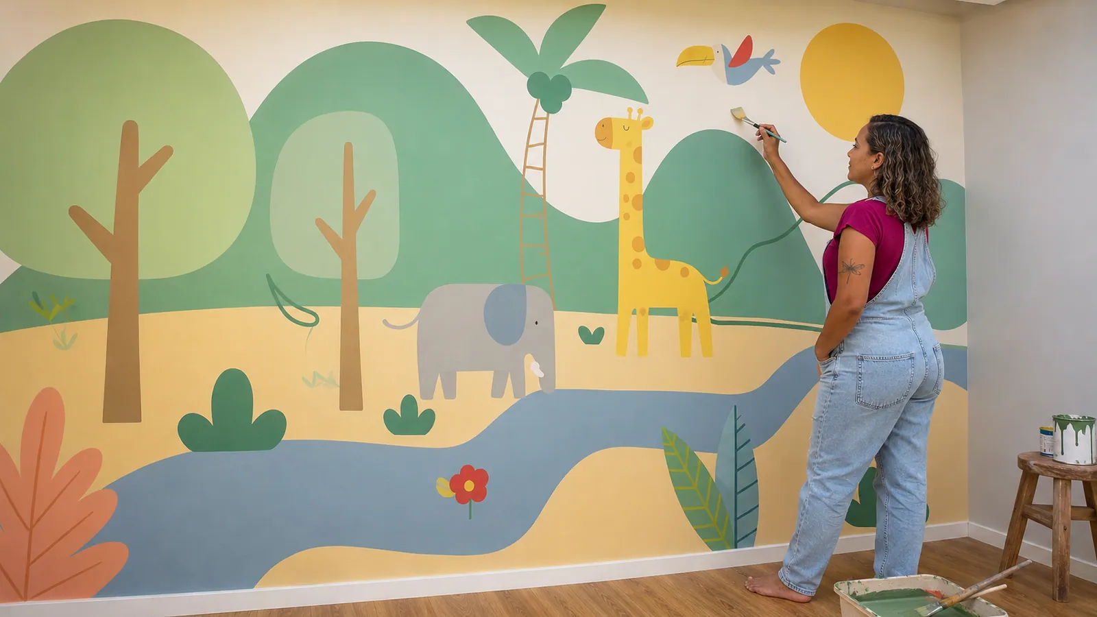 Detalhe da pintura do mural safari infantil