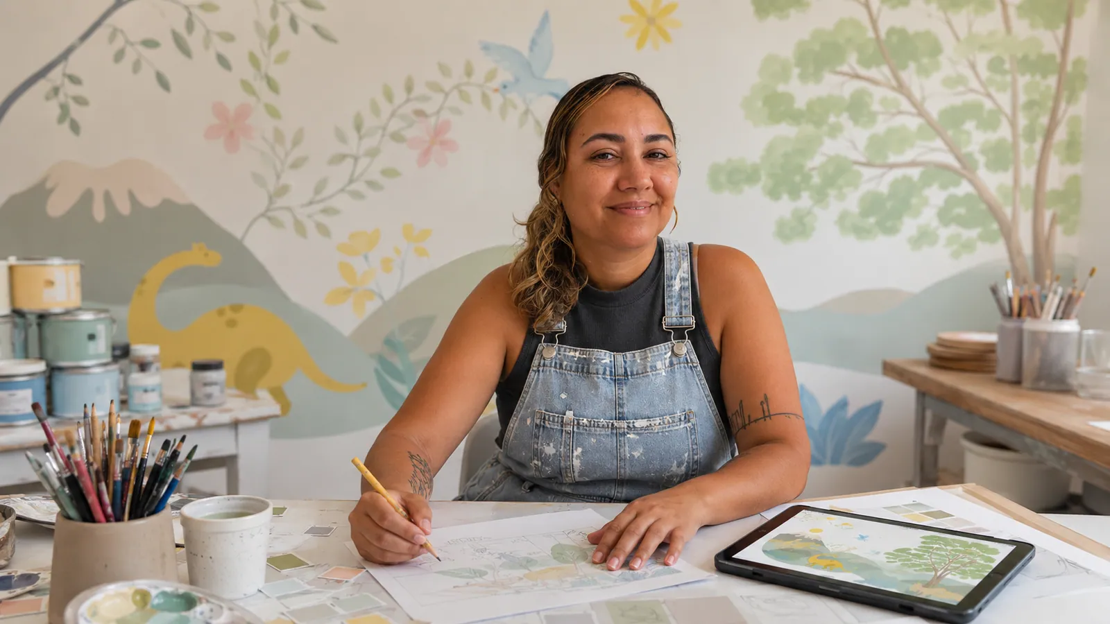 Brisa no ateliê desenhando o esboço digital de um mural com iPad e papel, cercada de potes de tinta e pincéis
