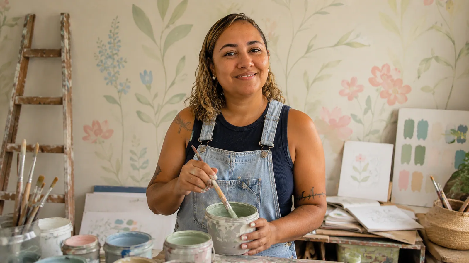 Brisa sorrindo enquanto mistura tinta à base de água em um pote, no ateliê com mural floral ao fundo